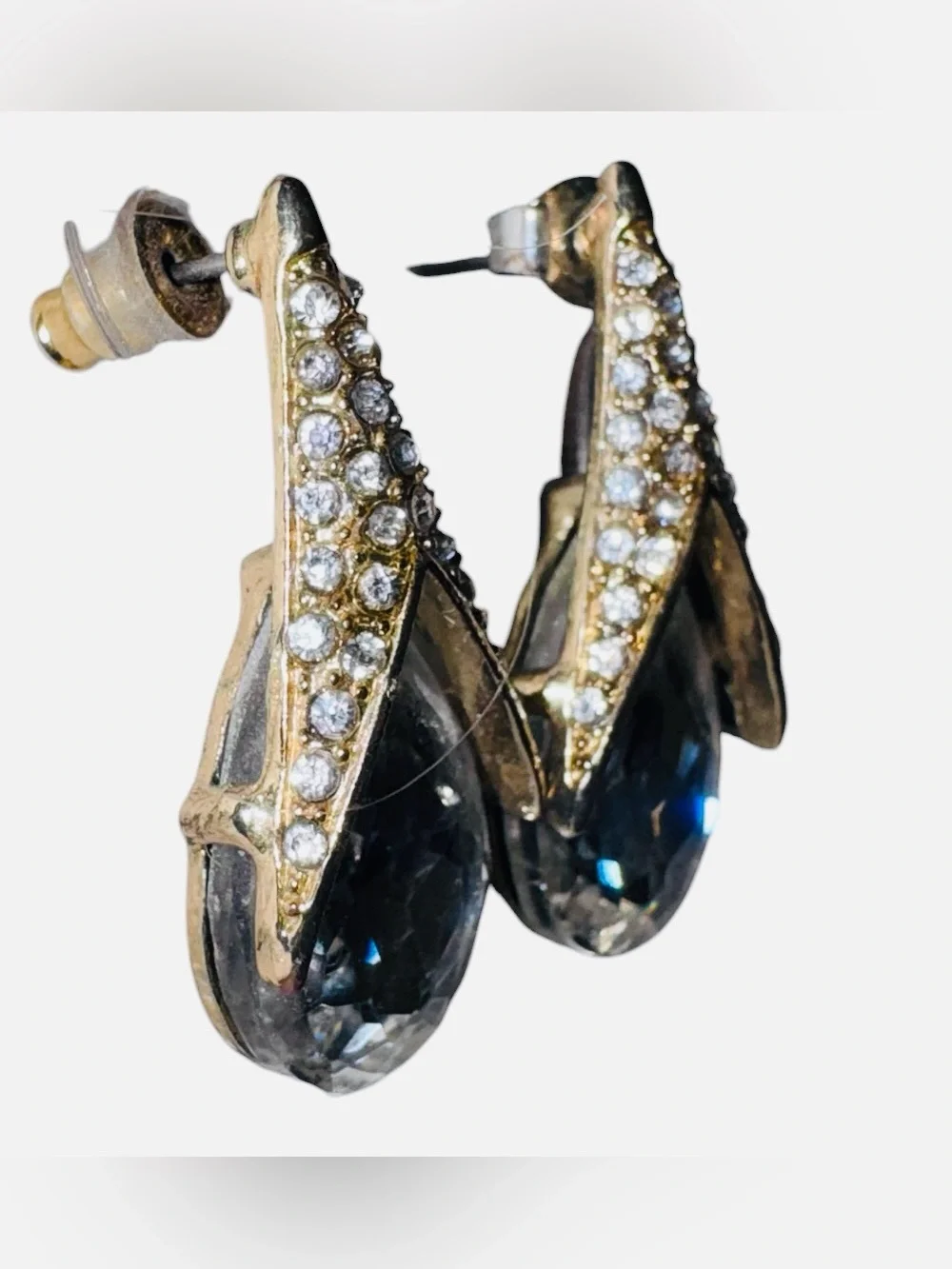 Vintage Pierced Gold Accented Clear Teardrop Heavy Costume Crystal Drop Earrings